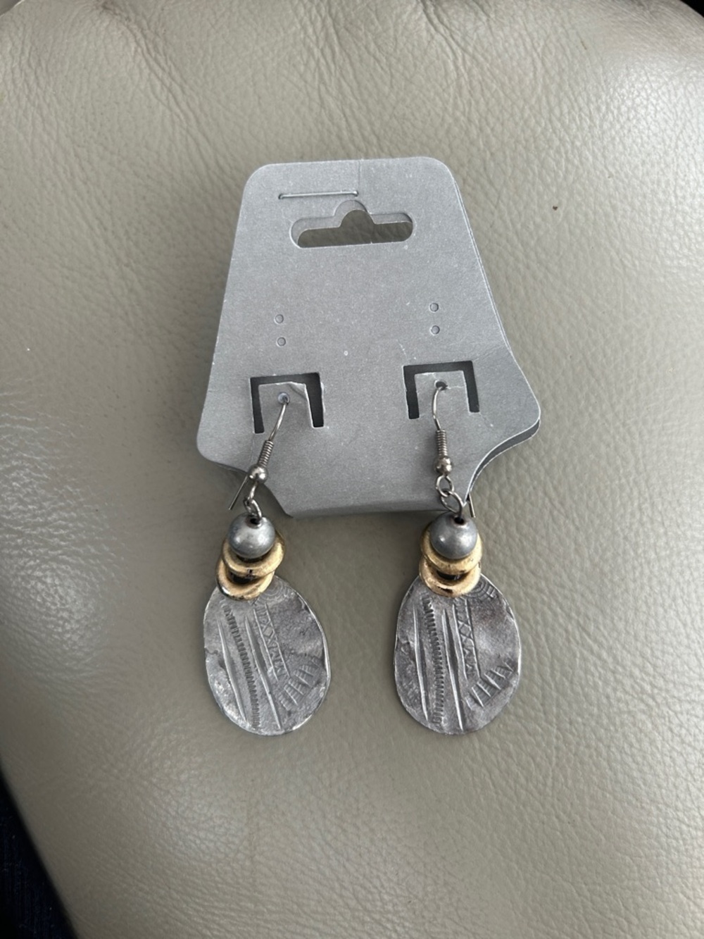 Silver Tone Gold Accent Textured Drop Earrings Boho‎ Artisan Style Unique